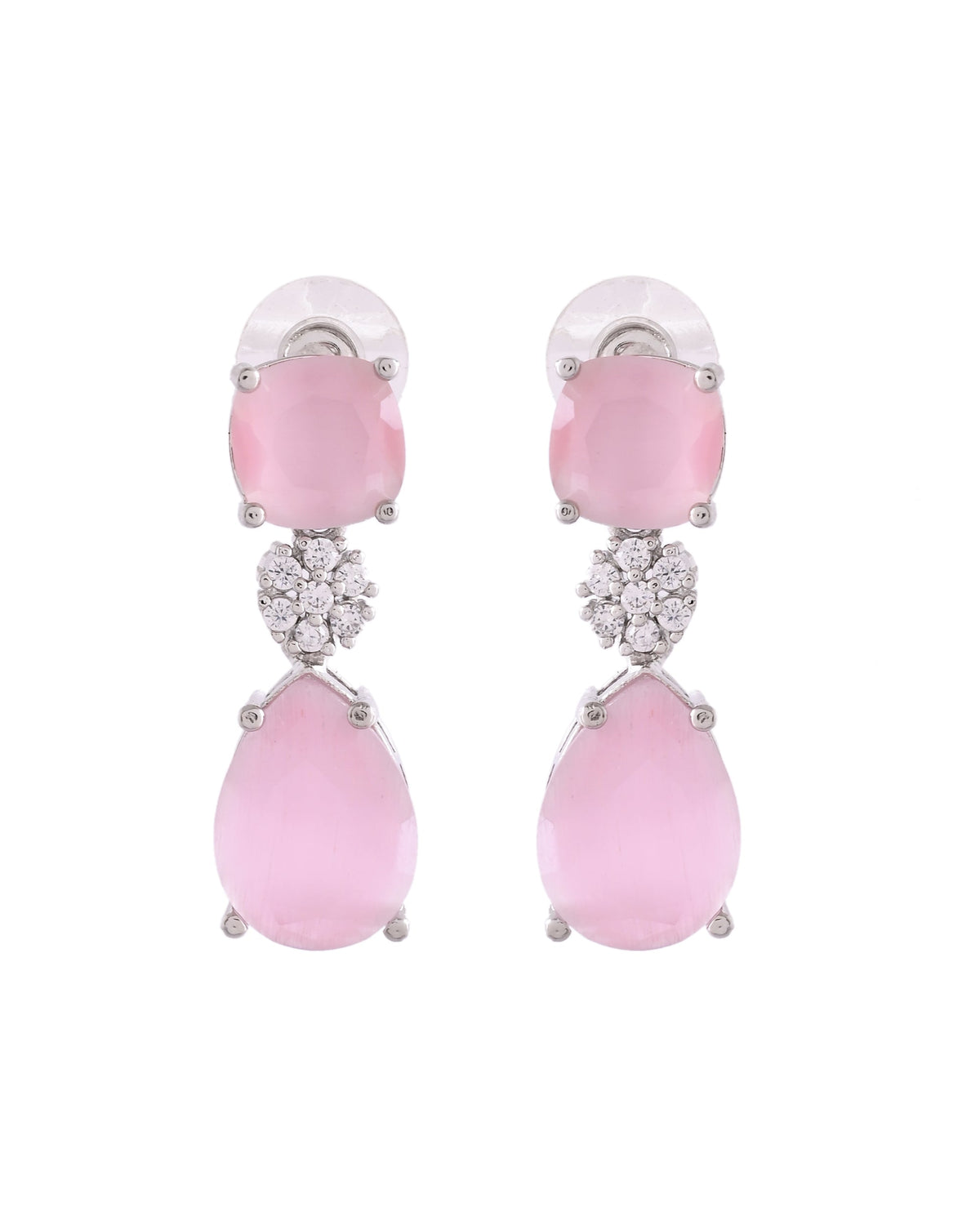 VOJ Silver Plated Baby Pink Stone Studded Floral Shaped Studs Earrings | Grocsy