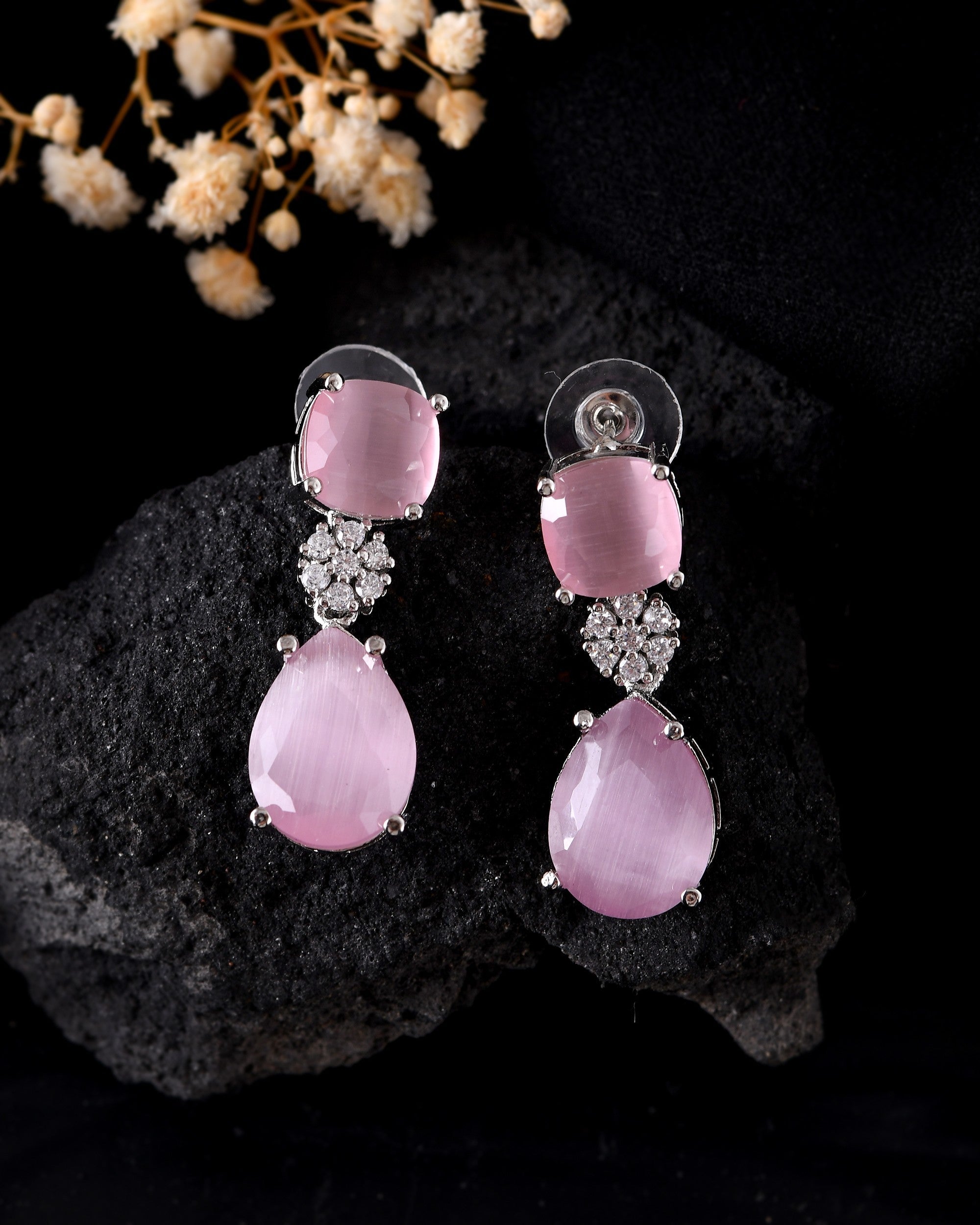 VOJ Silver Plated Baby Pink Stone Studded Floral Shaped Studs Earrings | Grocsy