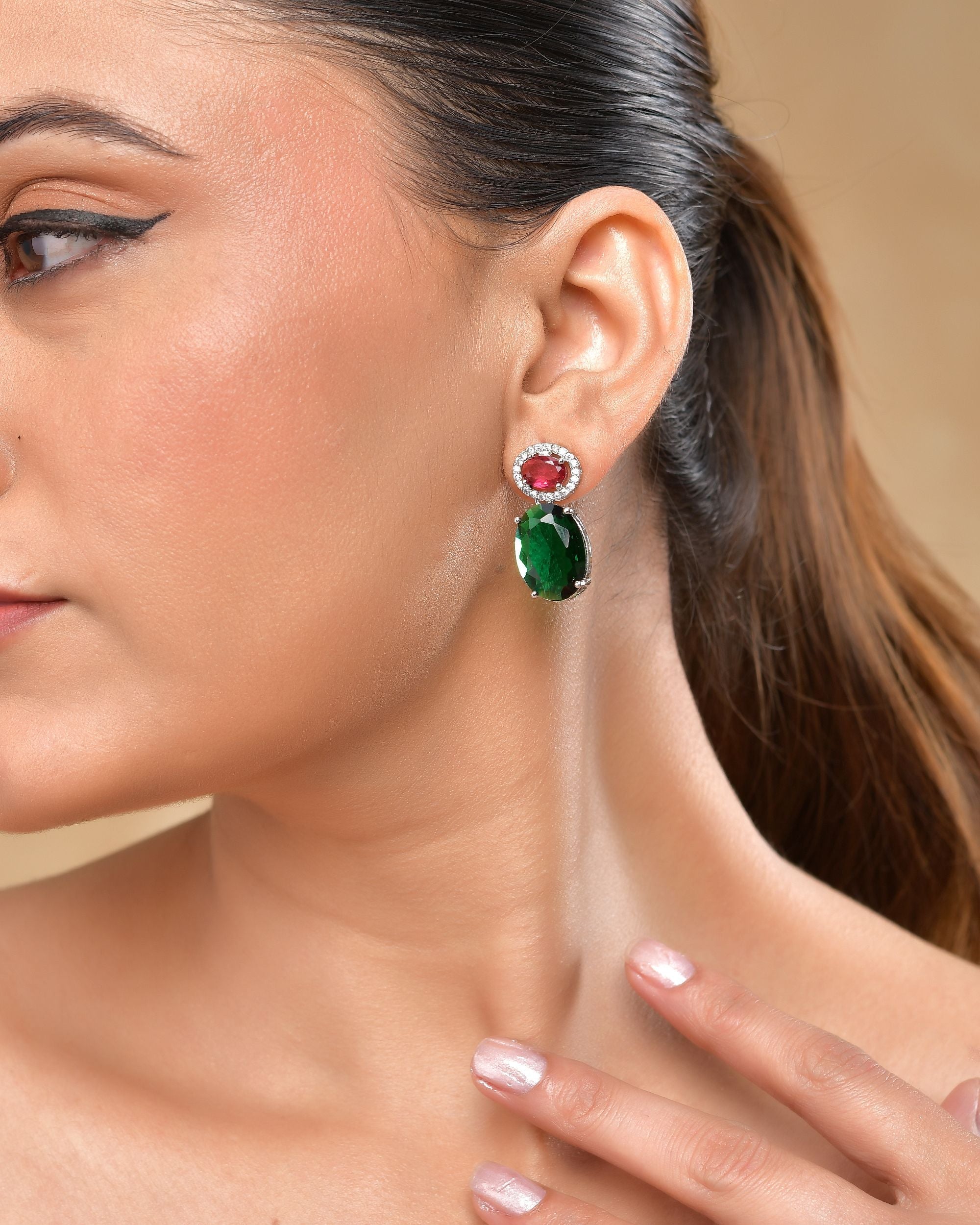 VOJ Silver Plated Green And Red Stone Studded Elegant Ad Earrings | Grocsy