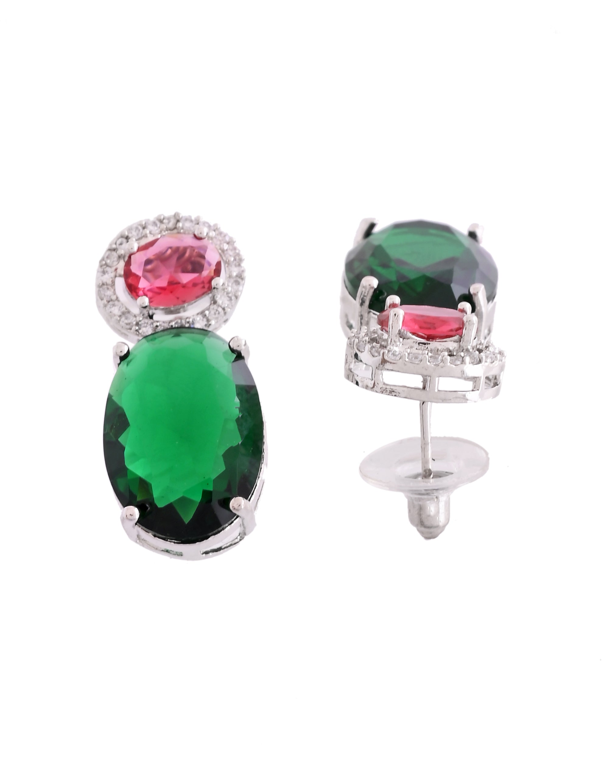 VOJ Silver Plated Green And Red Stone Studded Elegant Ad Earrings | Grocsy