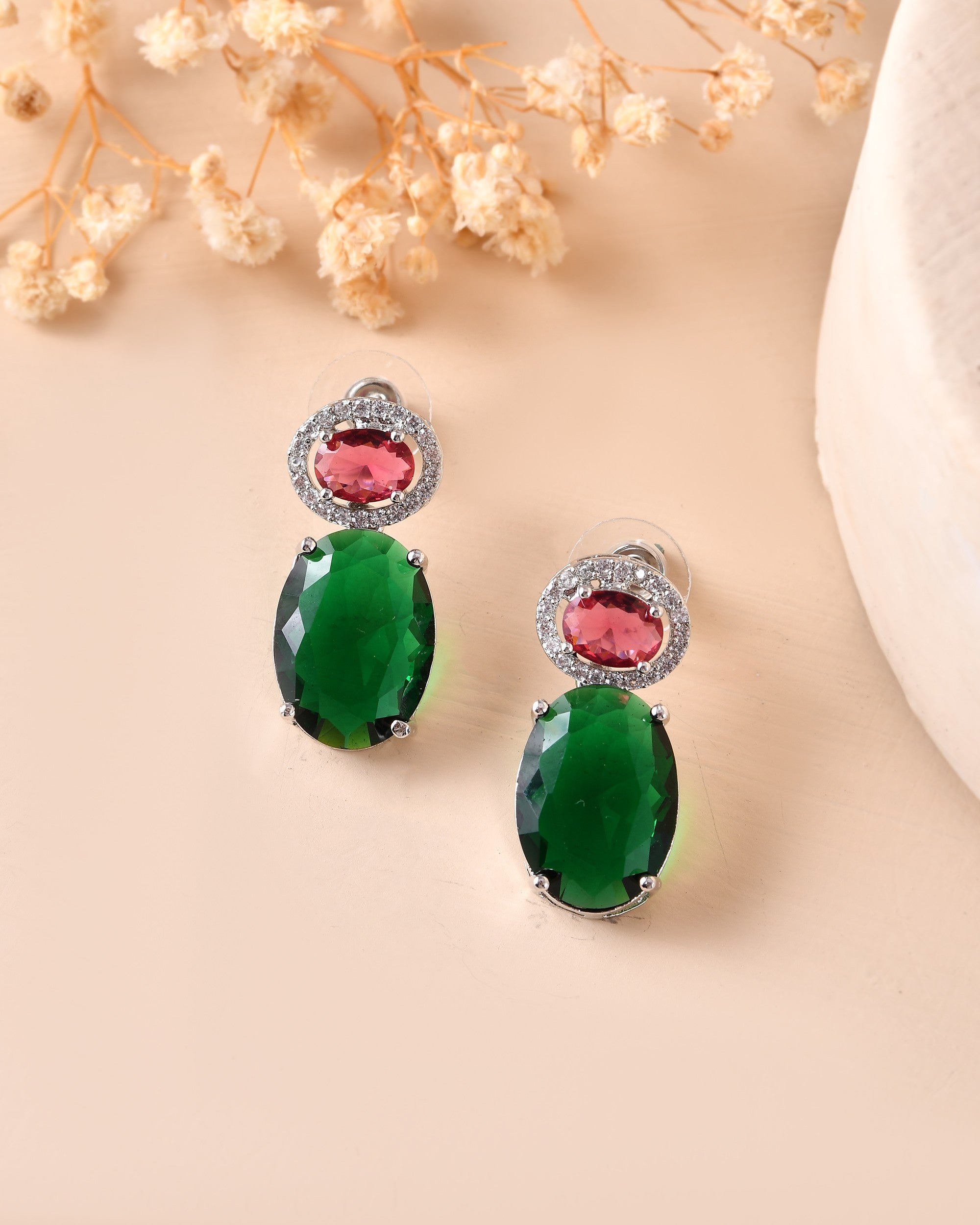 VOJ Silver Plated Green And Red Stone Studded Elegant Ad Earrings | Grocsy