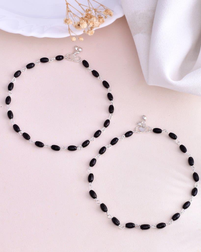 VOJ Set of 2 Silver Plated Black Beads Anklets | Grocsy