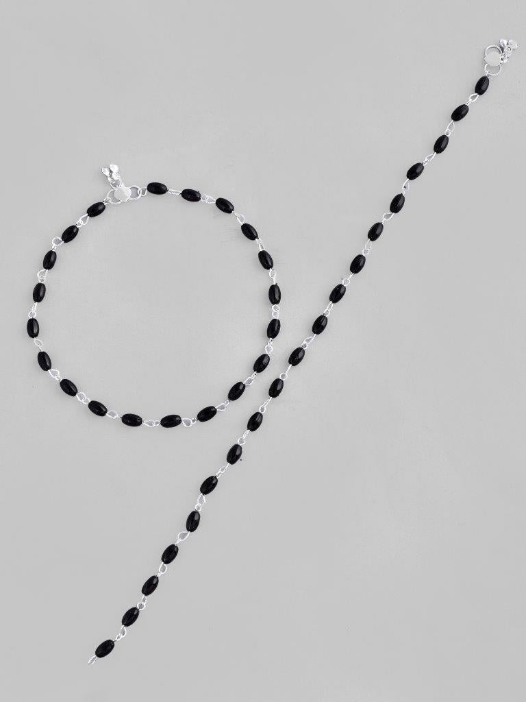 VOJ Set of 2 Silver Plated Black Beads Anklets | Grocsy