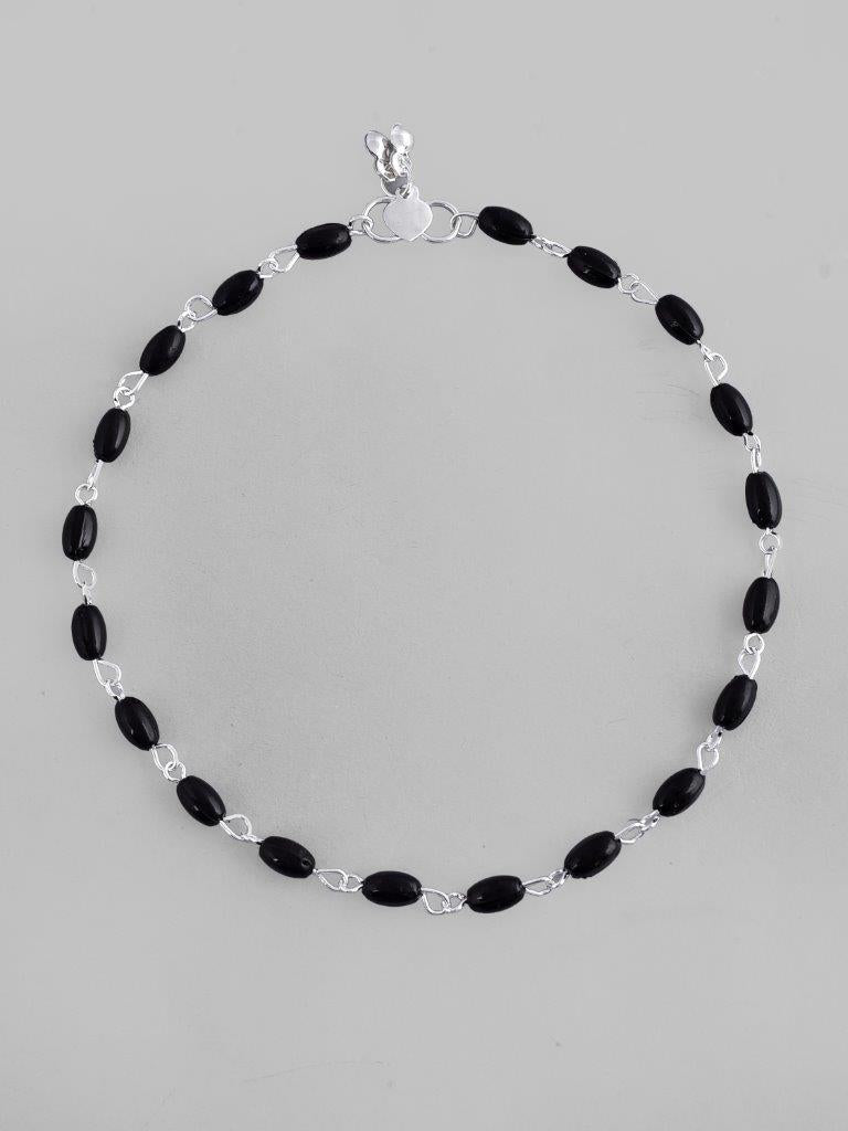 VOJ Set of 2 Silver Plated Black Beads Anklets | Grocsy