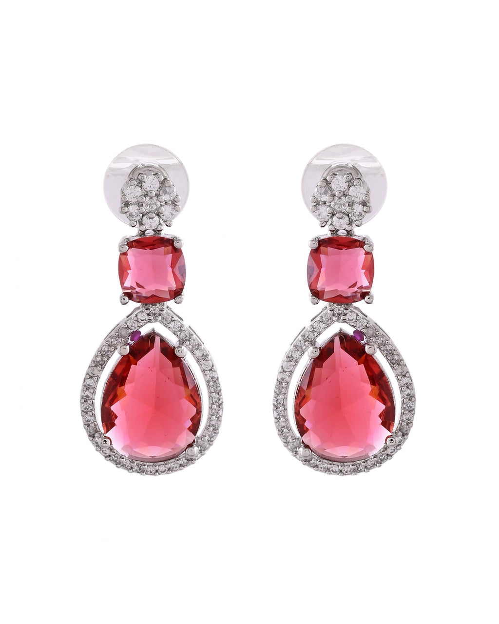 VOJ Silver Plated Red Stone Studded Ad Earrings | Grocsy