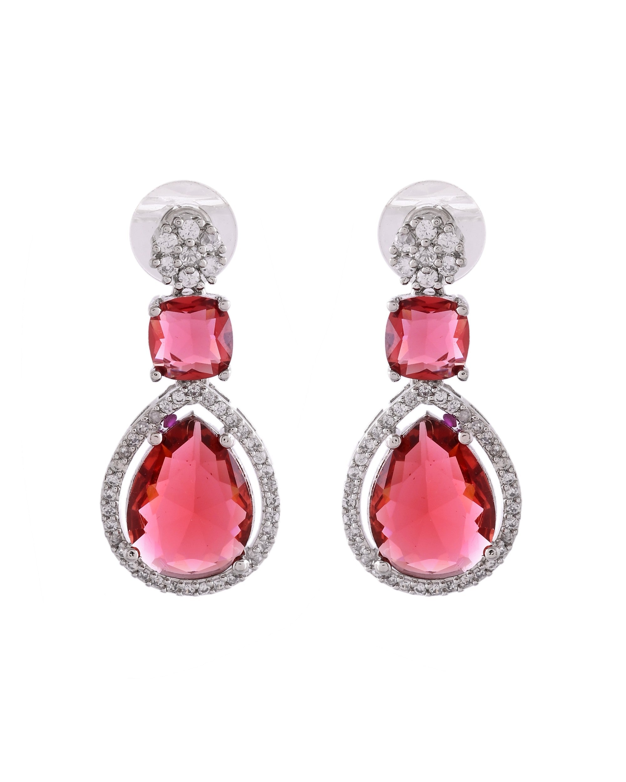 VOJ Silver Plated Red Stone Studded Ad Earrings | Grocsy