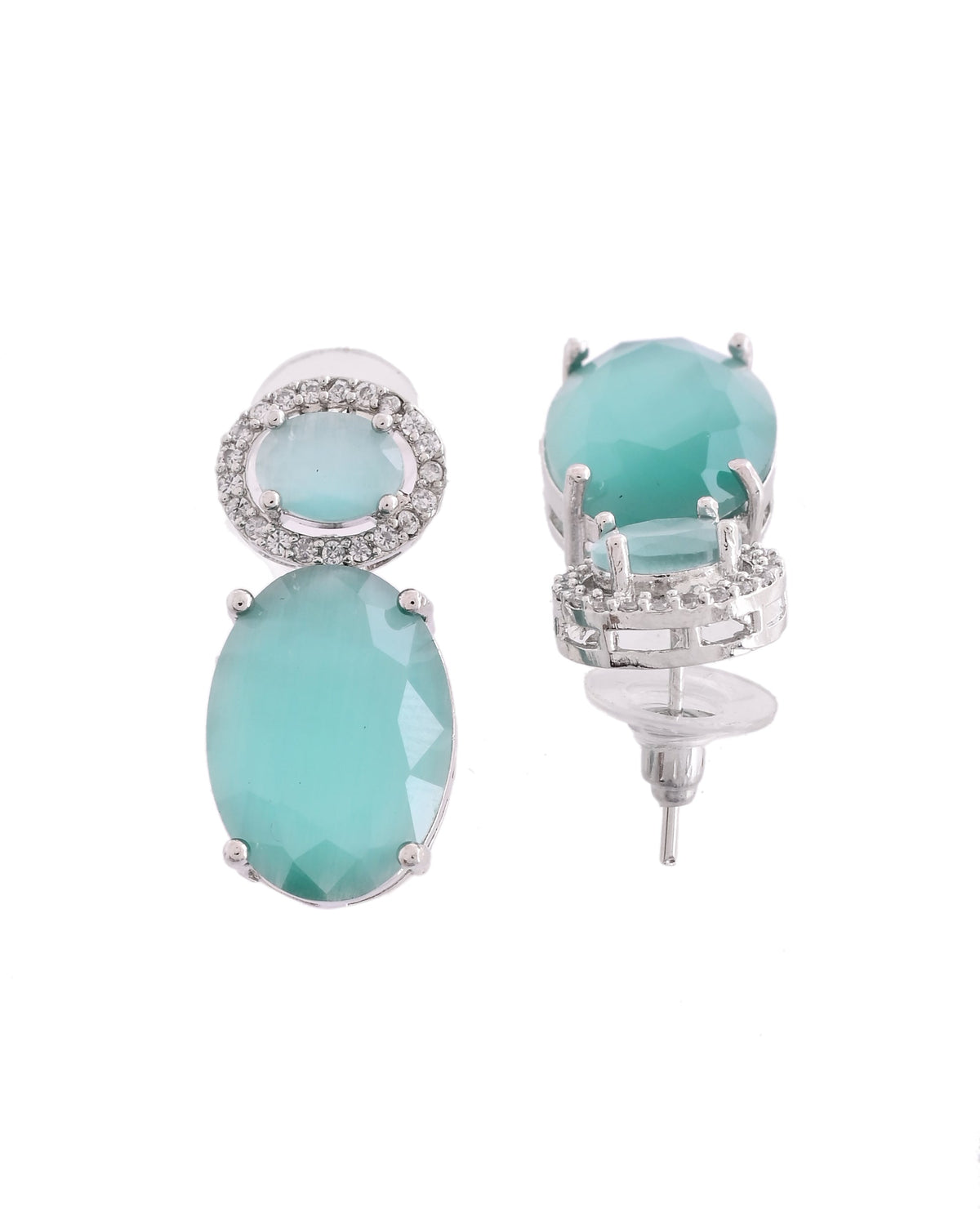 VOJ Silver Plated Sea Green Stone Studded Ad Earrings | Grocsy