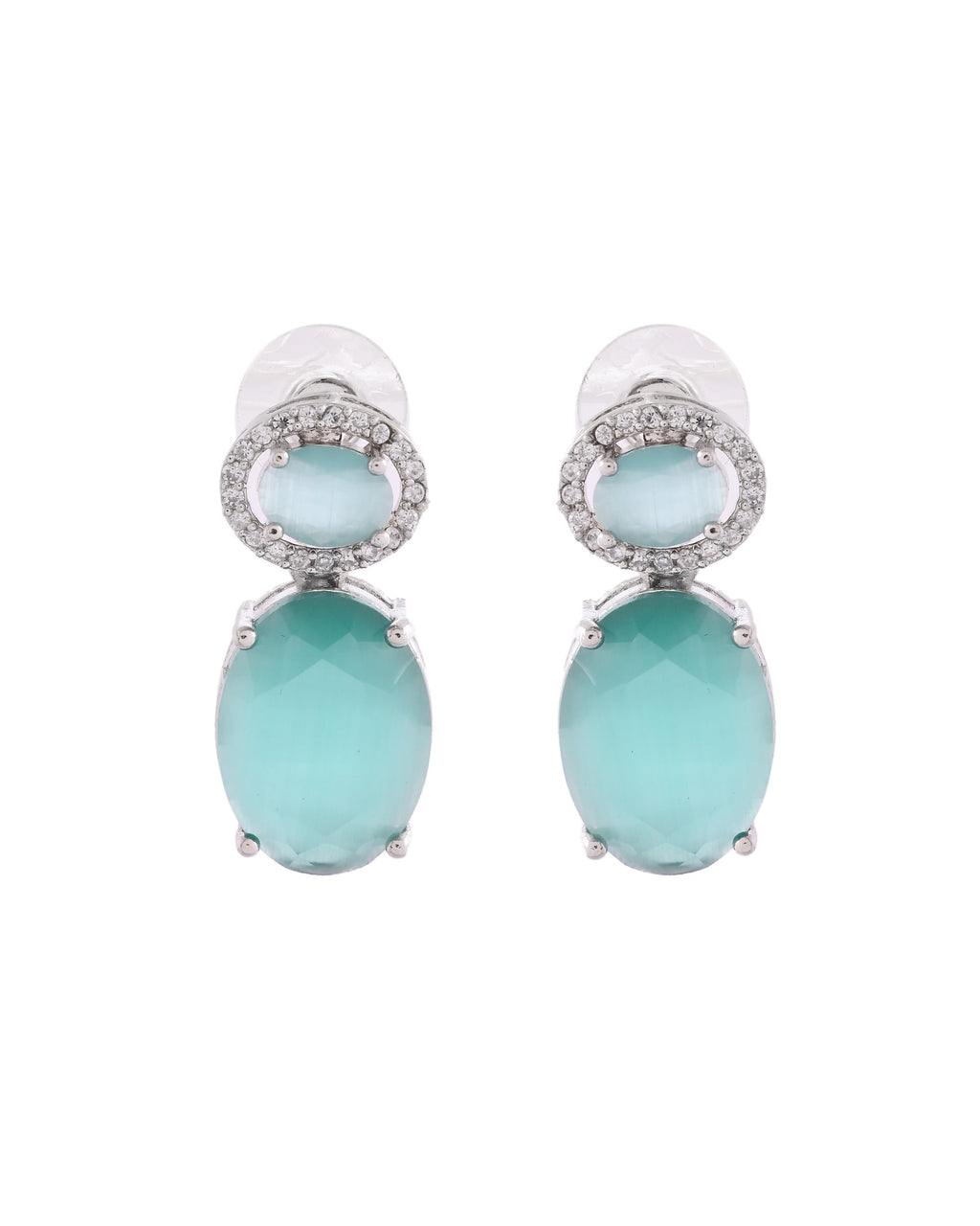 VOJ Silver Plated Sea Green Stone Studded Ad Earrings | Grocsy