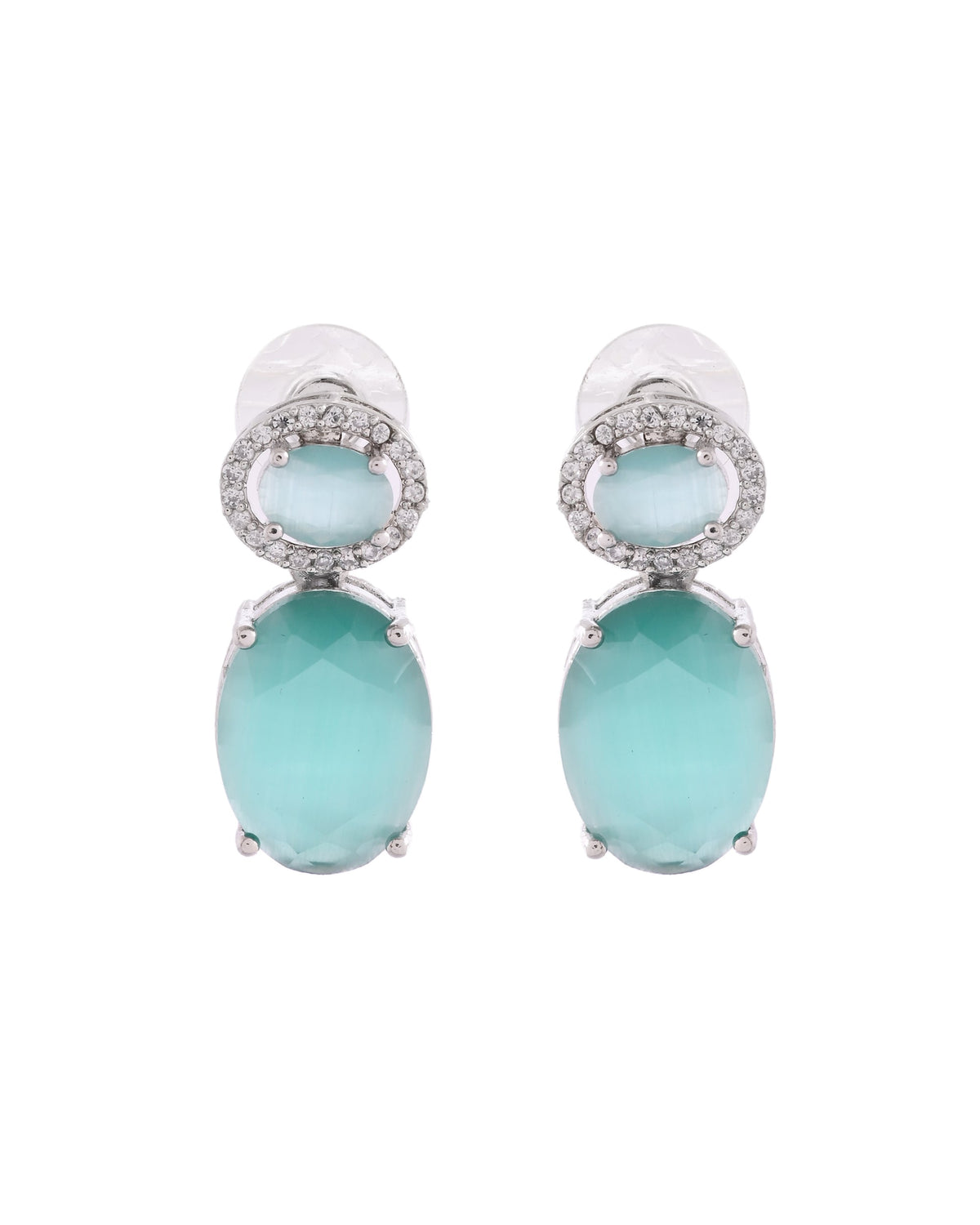 VOJ Silver Plated Sea Green Stone Studded Ad Earrings | Grocsy