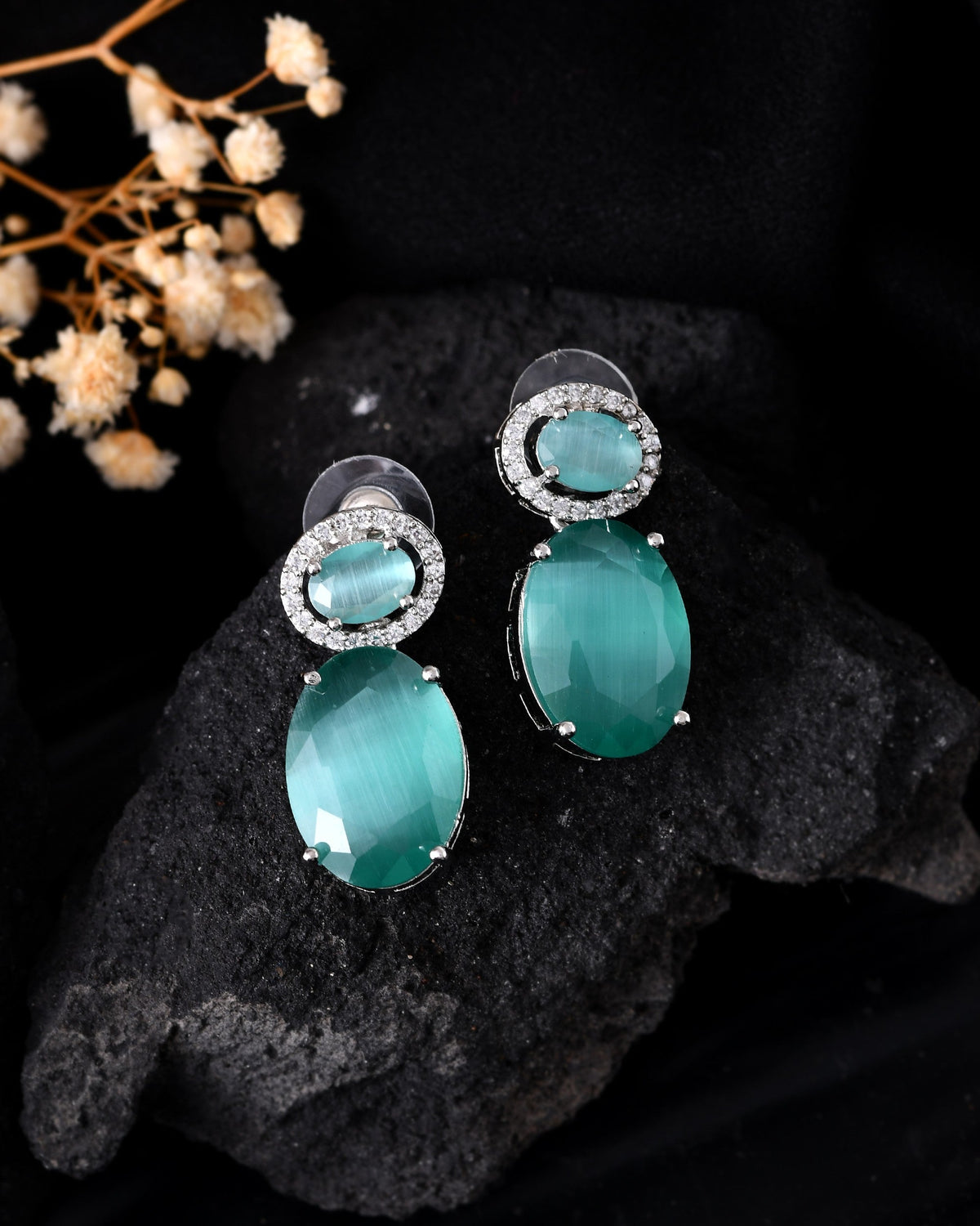VOJ Silver Plated Sea Green Stone Studded Ad Earrings | Grocsy