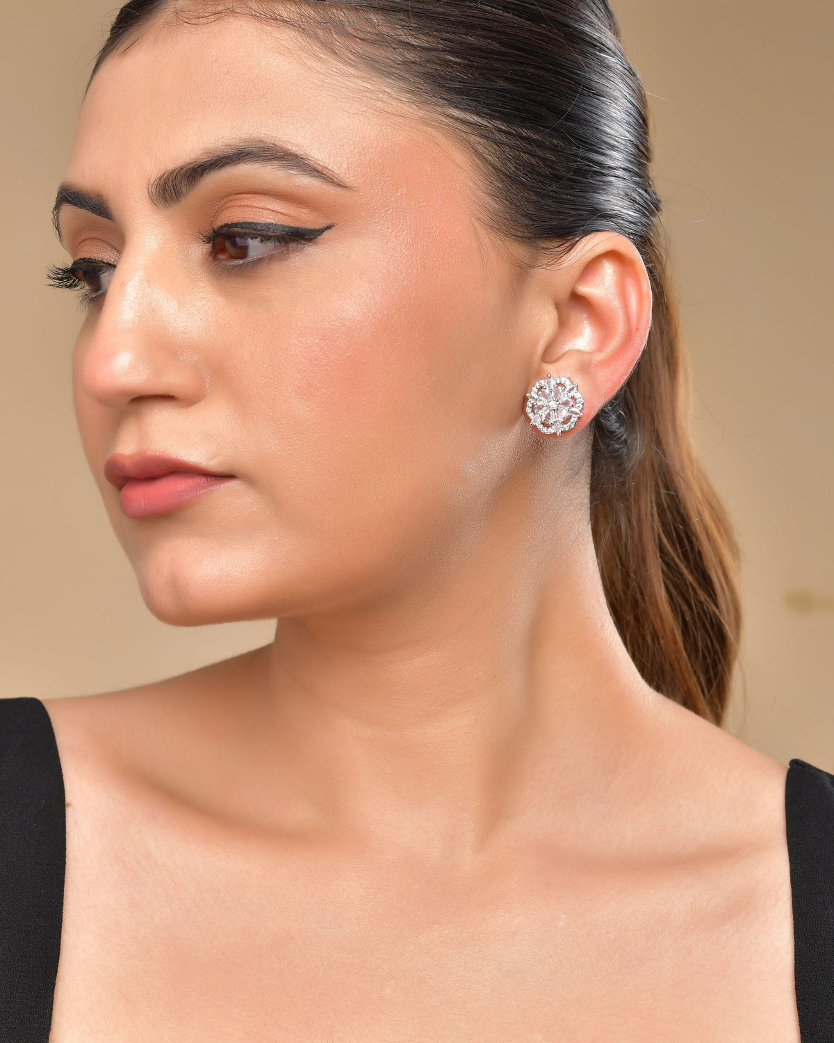 VOJ Silver Plated Floral Shape Ad Stone Studded Studs Earrings | Grocsy