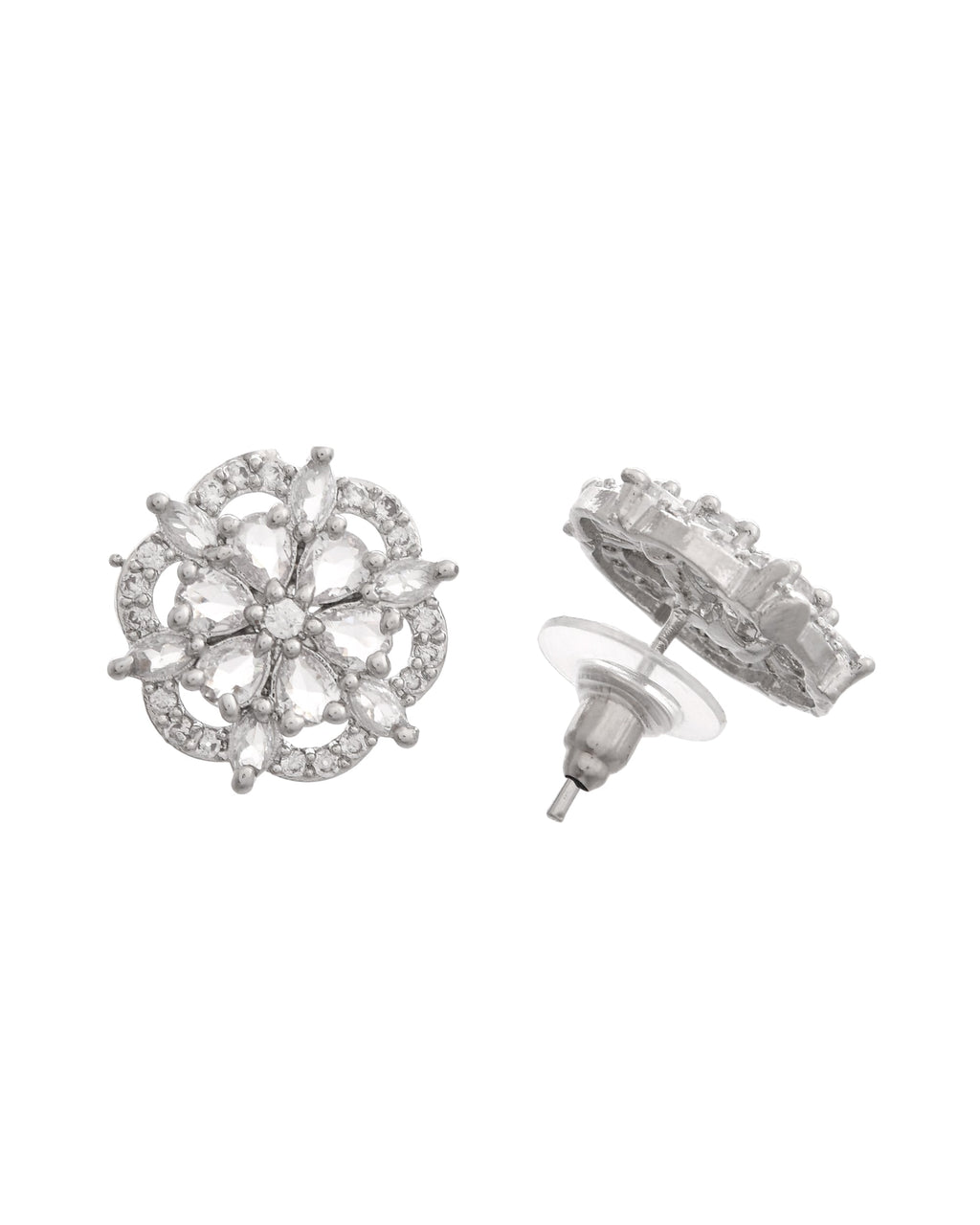 VOJ Silver Plated Floral Shape Ad Stone Studded Studs Earrings | Grocsy
