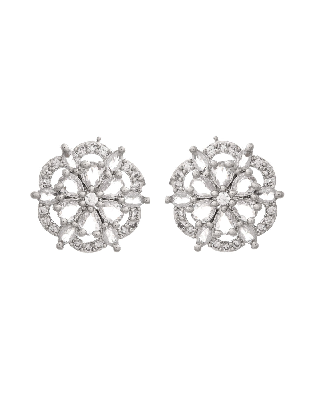 VOJ Silver Plated Floral Shape Ad Stone Studded Studs Earrings | Grocsy