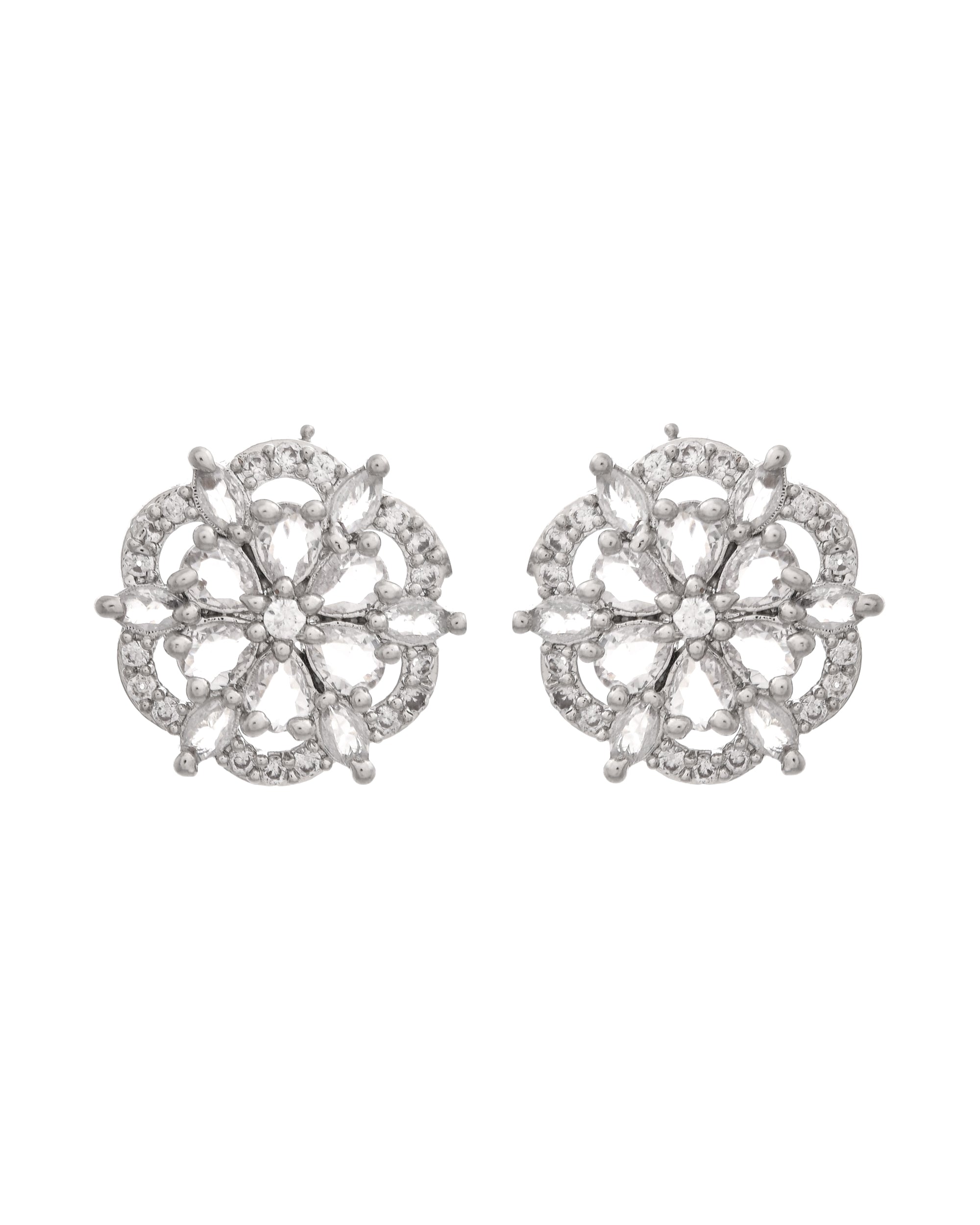 VOJ Silver Plated Floral Shape Ad Stone Studded Studs Earrings | Grocsy
