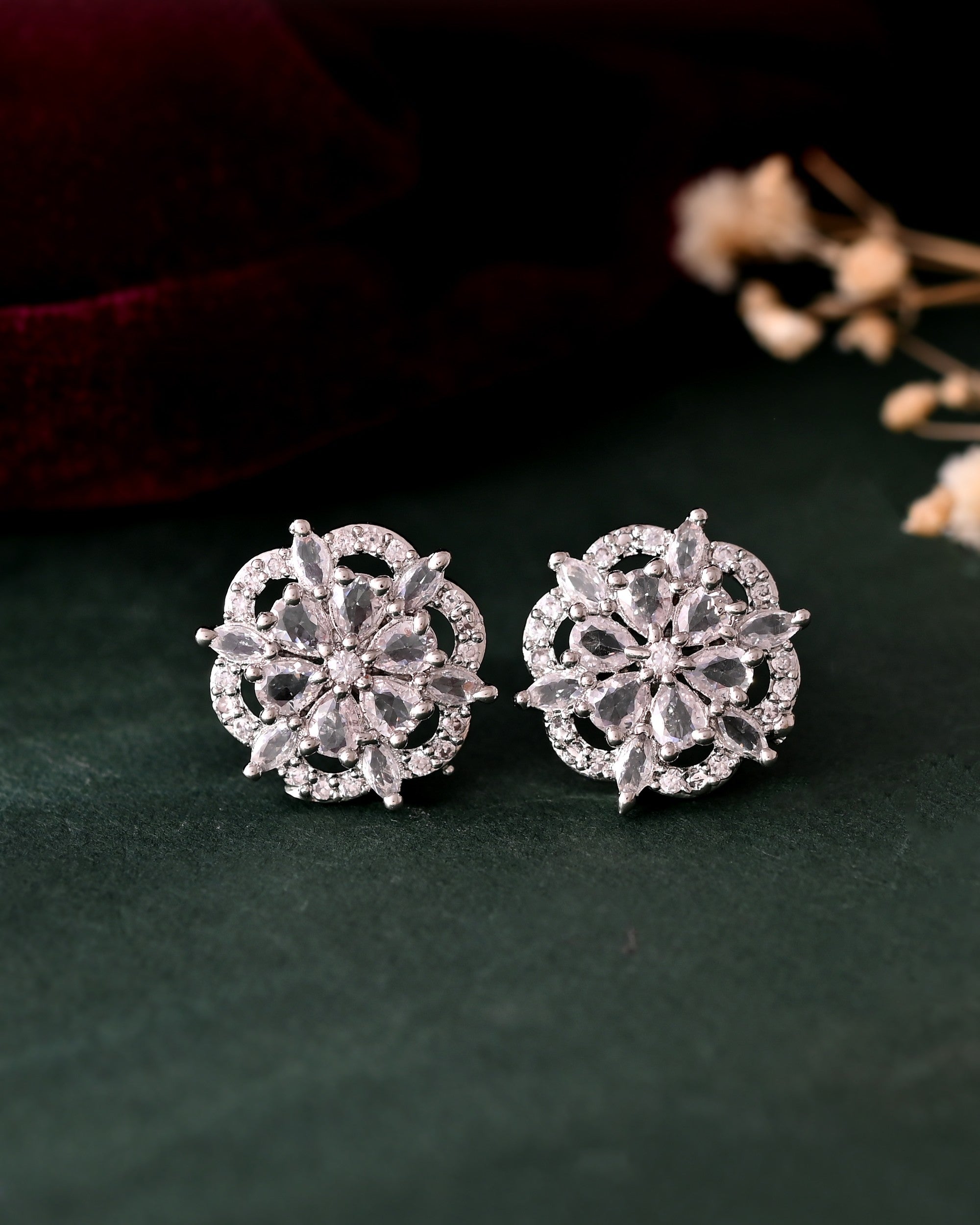 VOJ Silver Plated Floral Shape Ad Stone Studded Studs Earrings | Grocsy