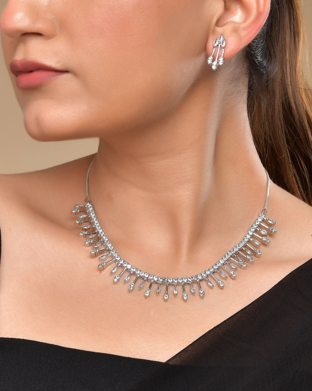 VOJ Silver Plated Ad Stone Studded Elegant Minimal Jewellery Set | Grocsy