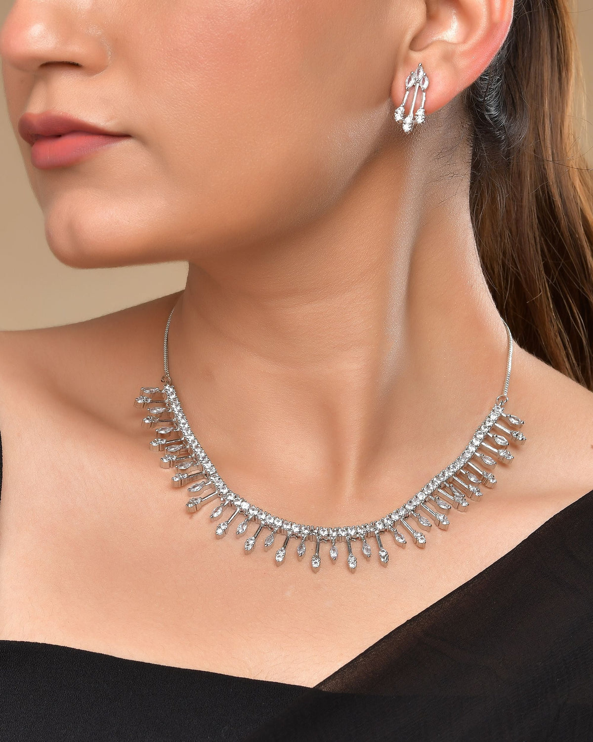 VOJ Silver Plated Ad Stone Studded Elegant Minimal Jewellery Set | Grocsy
