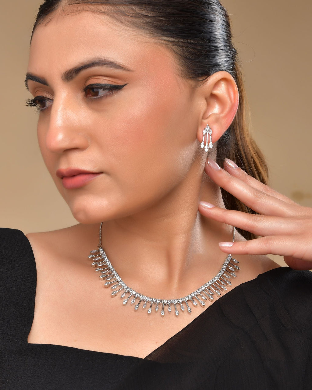 VOJ Silver Plated Ad Stone Studded Elegant Minimal Jewellery Set | Grocsy