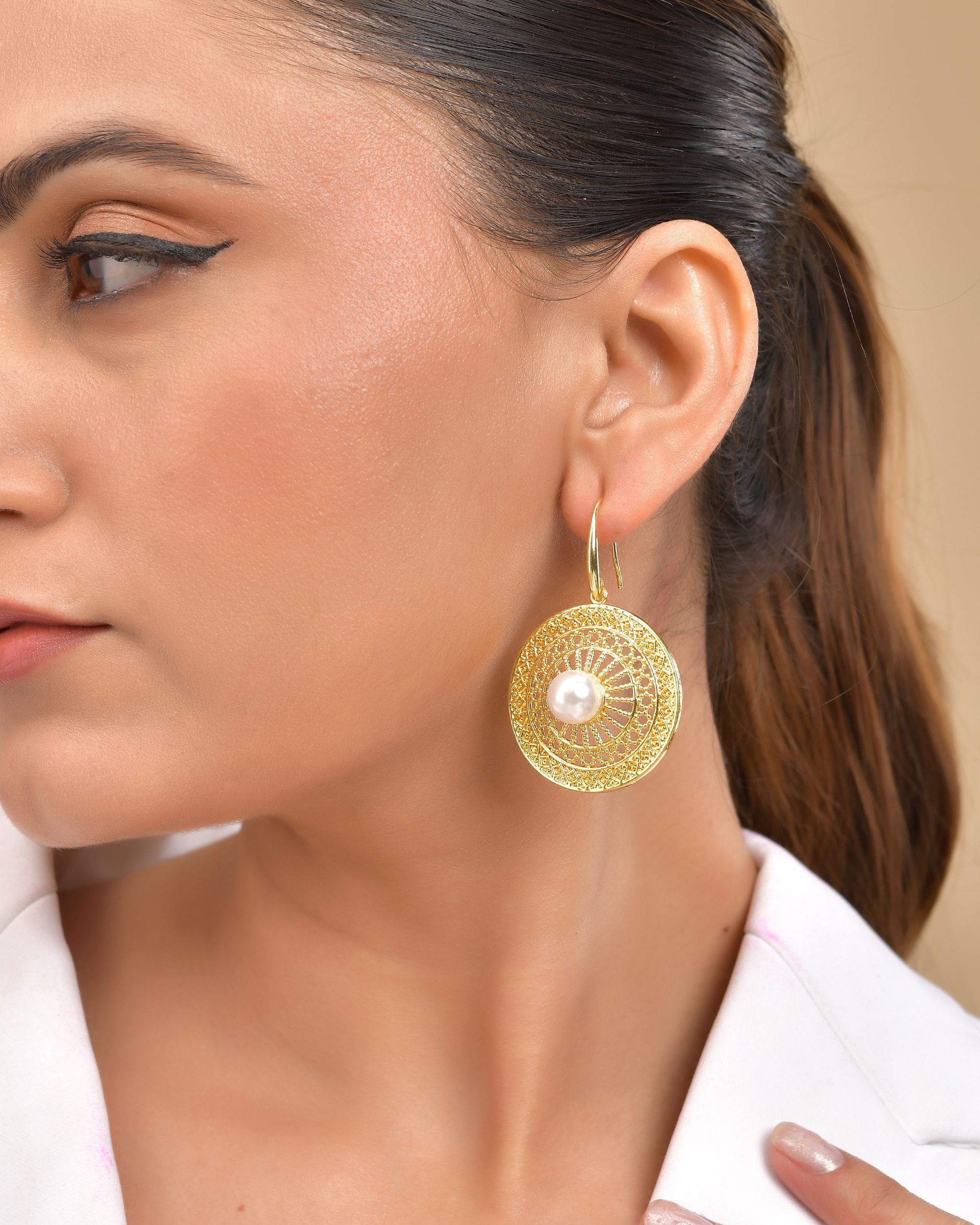 VOJ Gold Polished Anti Tarnish Circular Shaped Drop Earrings | Grocsy