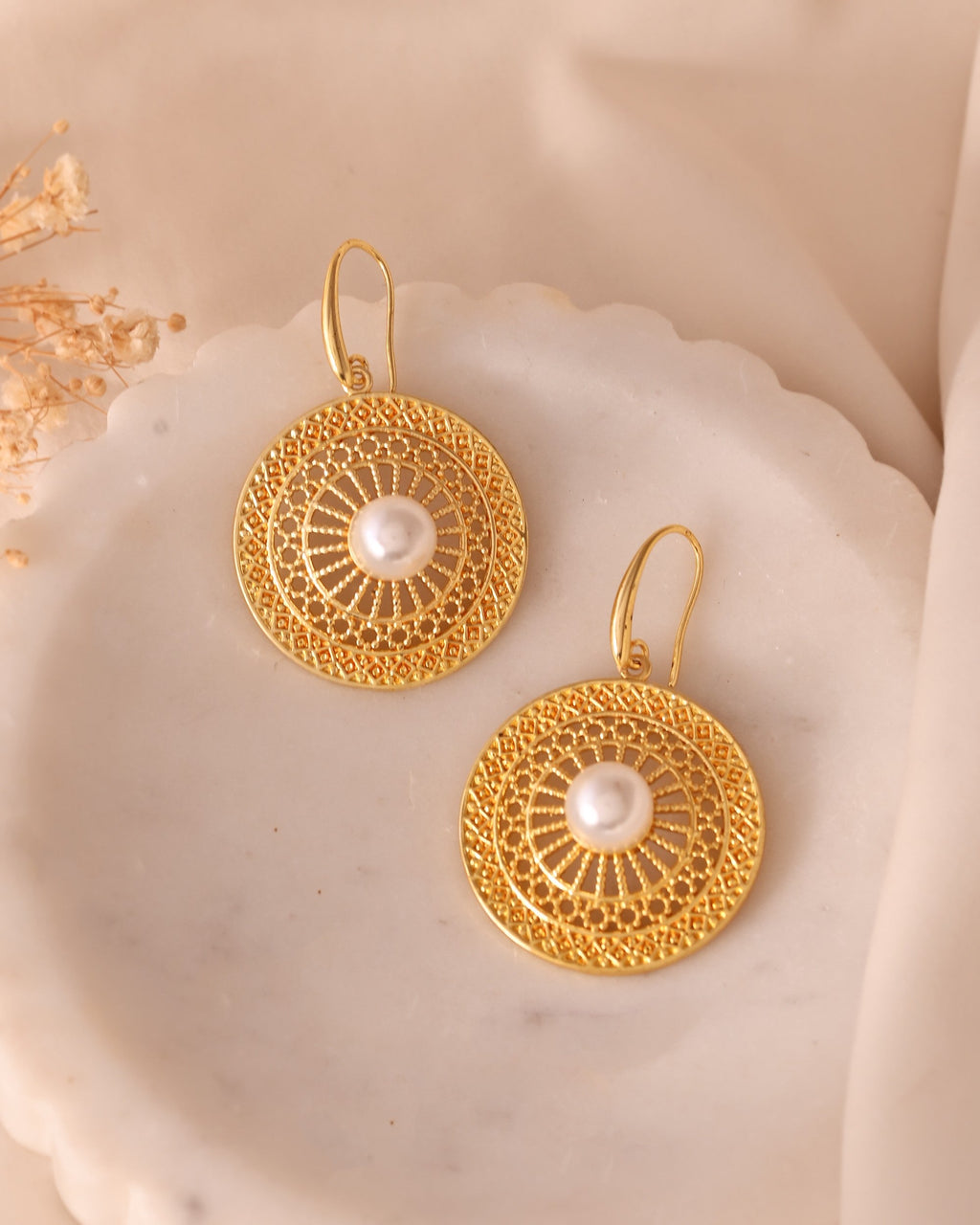 VOJ Gold Polished Anti Tarnish Circular Shaped Drop Earrings | Grocsy