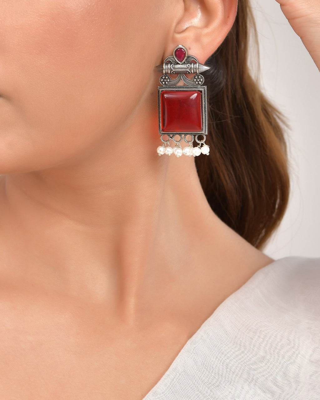 VOJ Silver Plated Oxidized Red Stone Studded Earrings | Grocsy