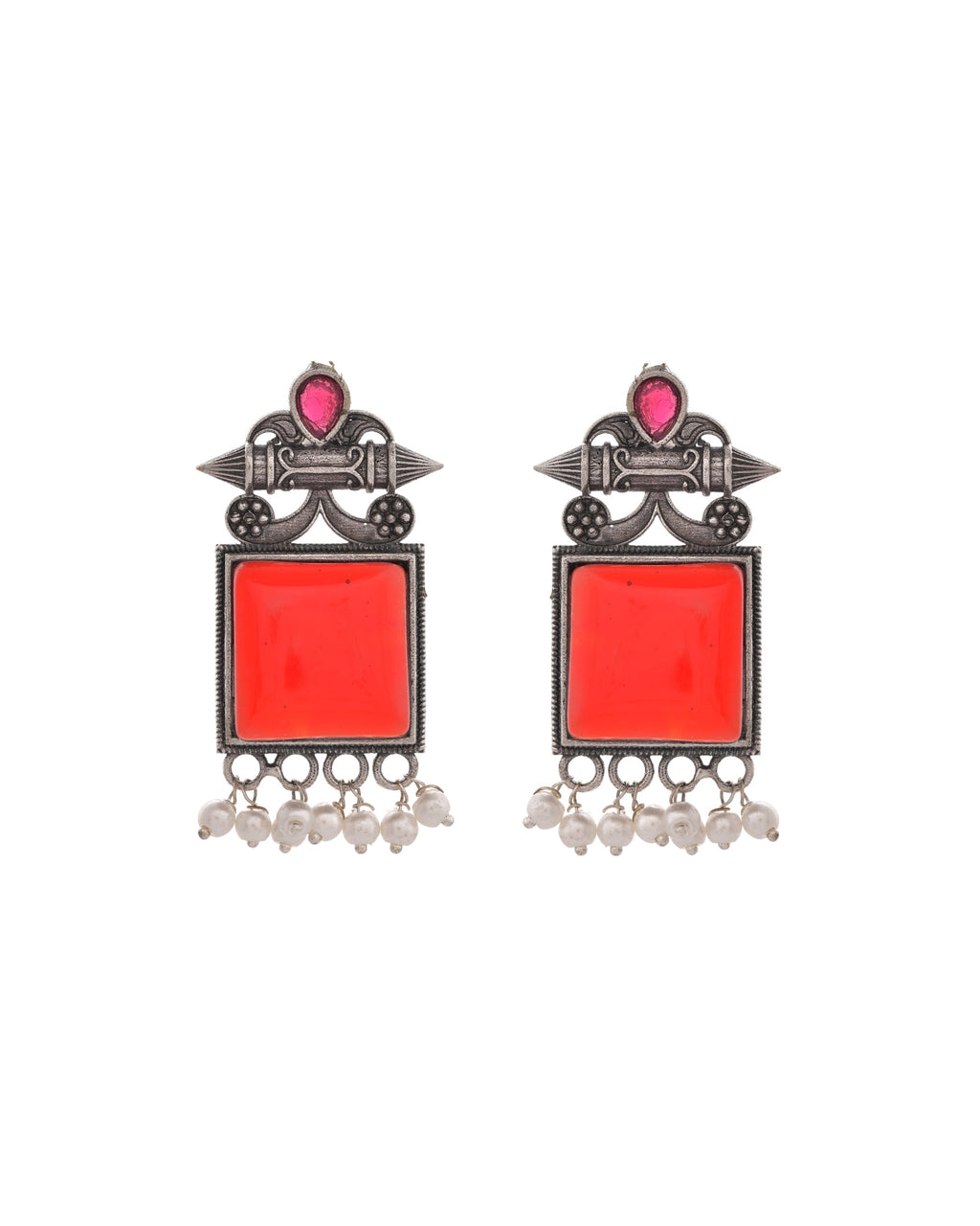 VOJ Silver Plated Oxidized Red Stone Studded Earrings | Grocsy