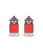 VOJ Silver Plated Oxidized Red Stone Studded Earrings | Grocsy