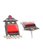 VOJ Silver Plated Oxidized Red Stone Studded Earrings | Grocsy
