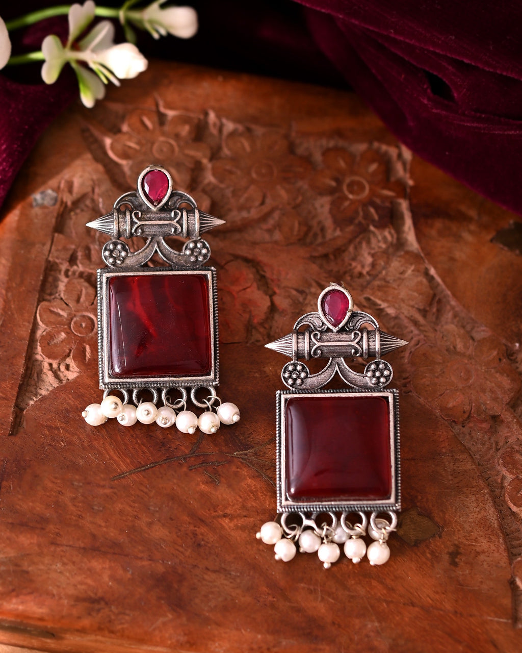 VOJ Silver Plated Oxidized Red Stone Studded Earrings | Grocsy