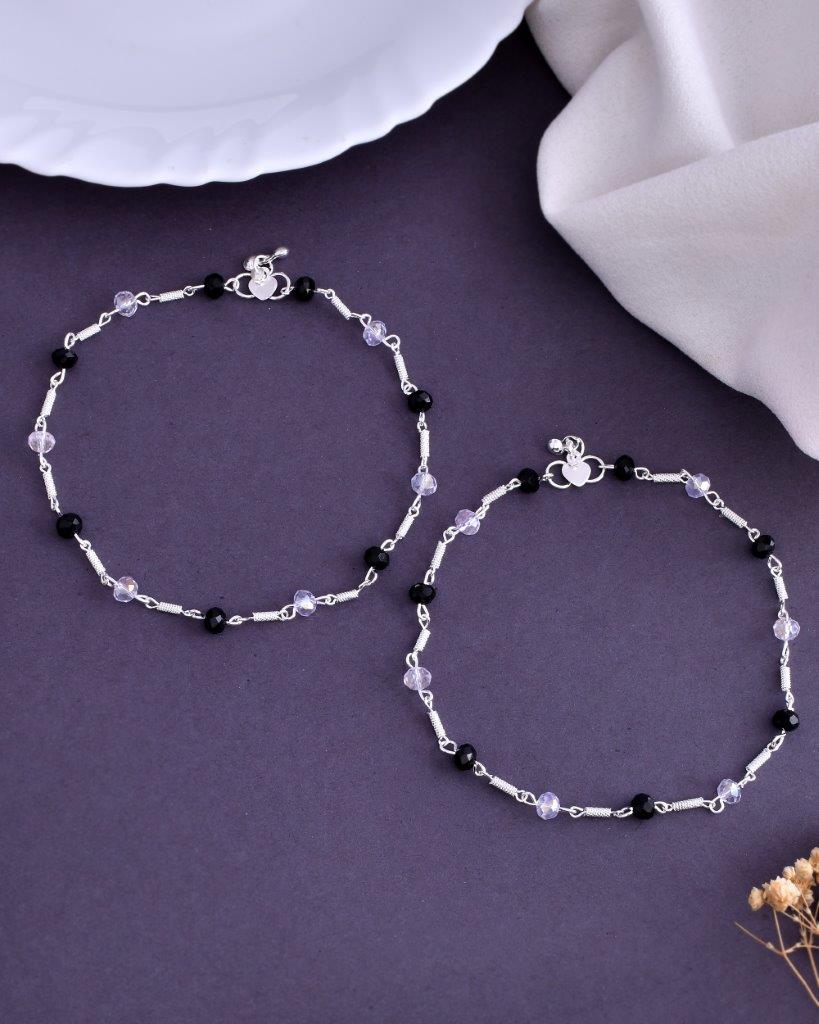 VOJ Set of 2 Silver Plated Black & White Beads Anklets | Grocsy