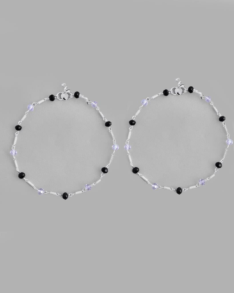 VOJ Set of 2 Silver Plated Black & White Beads Anklets | Grocsy