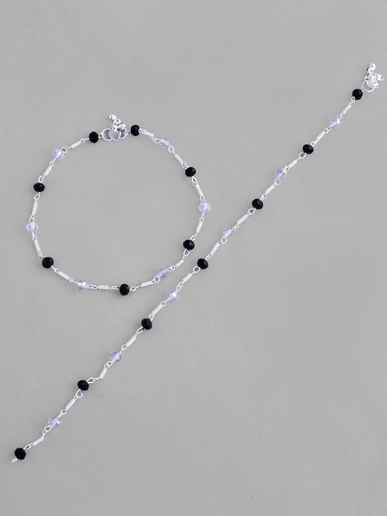 VOJ Set of 2 Silver Plated Black & White Beads Anklets | Grocsy