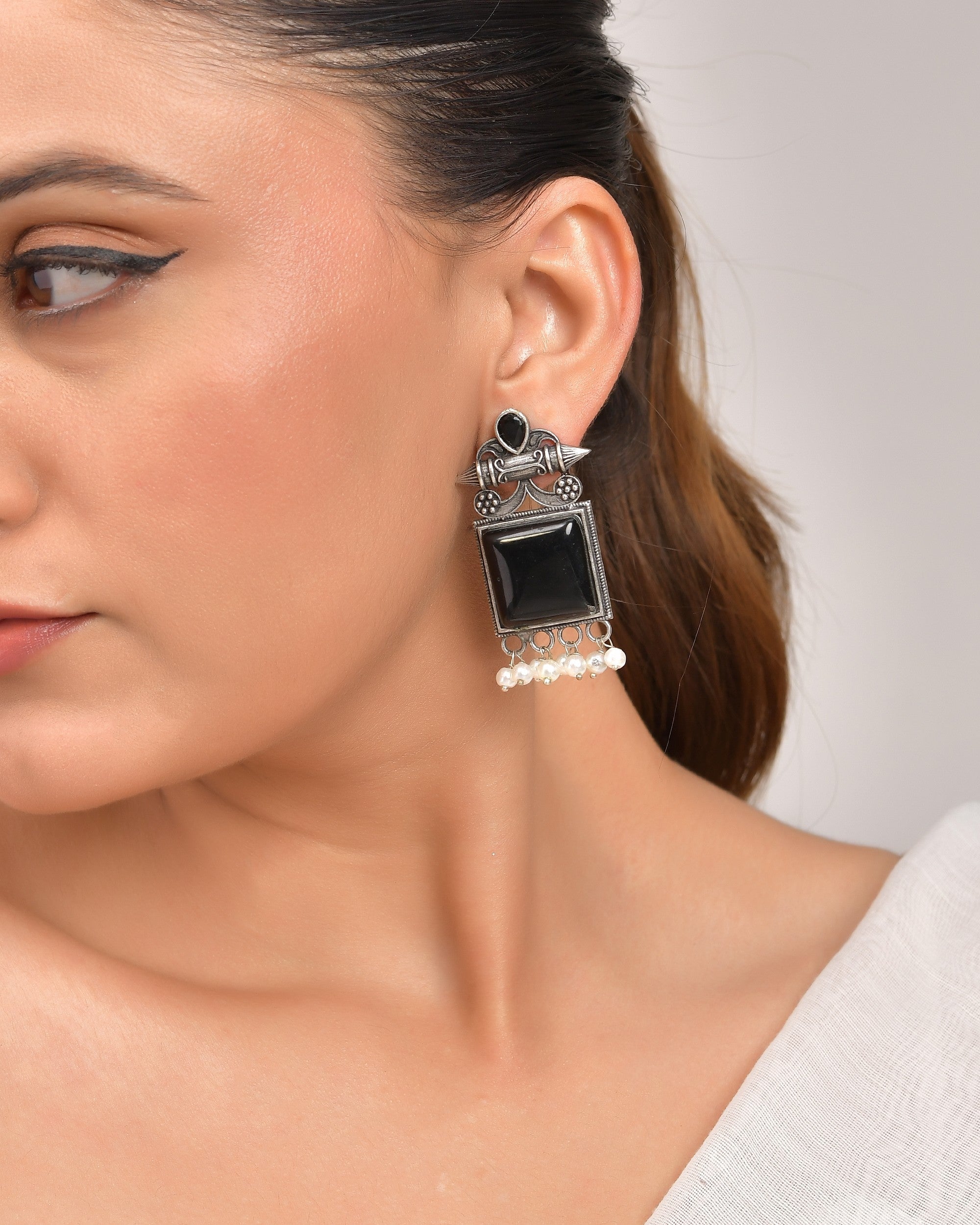 VOJ Silver Plated Oxidized Black Stone Studded Earrings | Grocsy