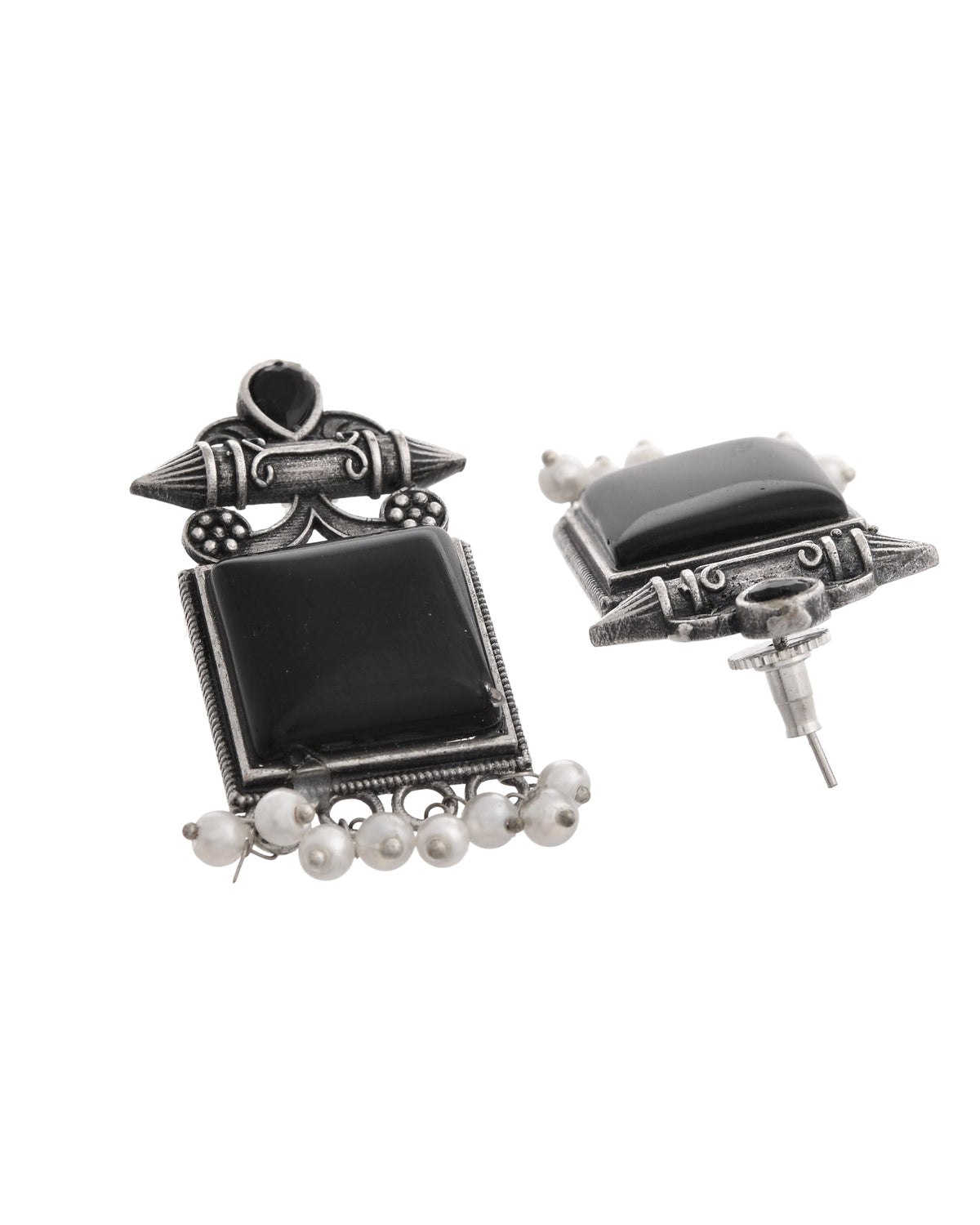 VOJ Silver Plated Oxidized Black Stone Studded Earrings | Grocsy