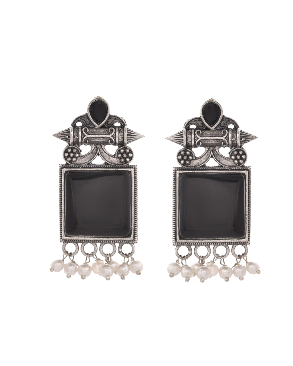 VOJ Silver Plated Oxidized Black Stone Studded Earrings | Grocsy