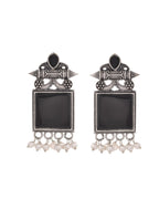 VOJ Silver Plated Oxidized Black Stone Studded Earrings | Grocsy