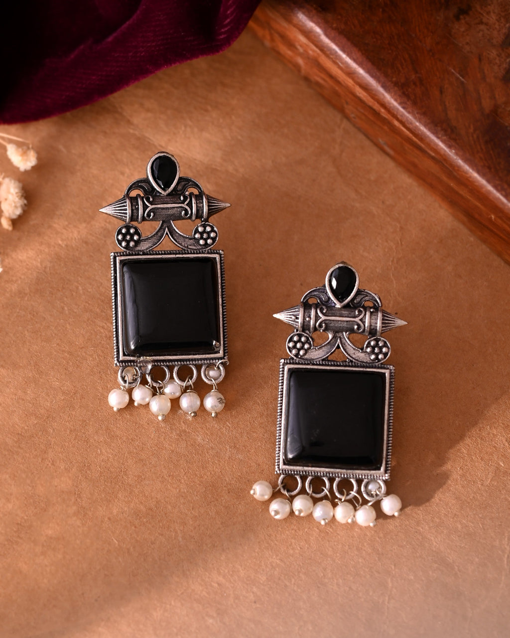 VOJ Silver Plated Oxidized Black Stone Studded Earrings | Grocsy