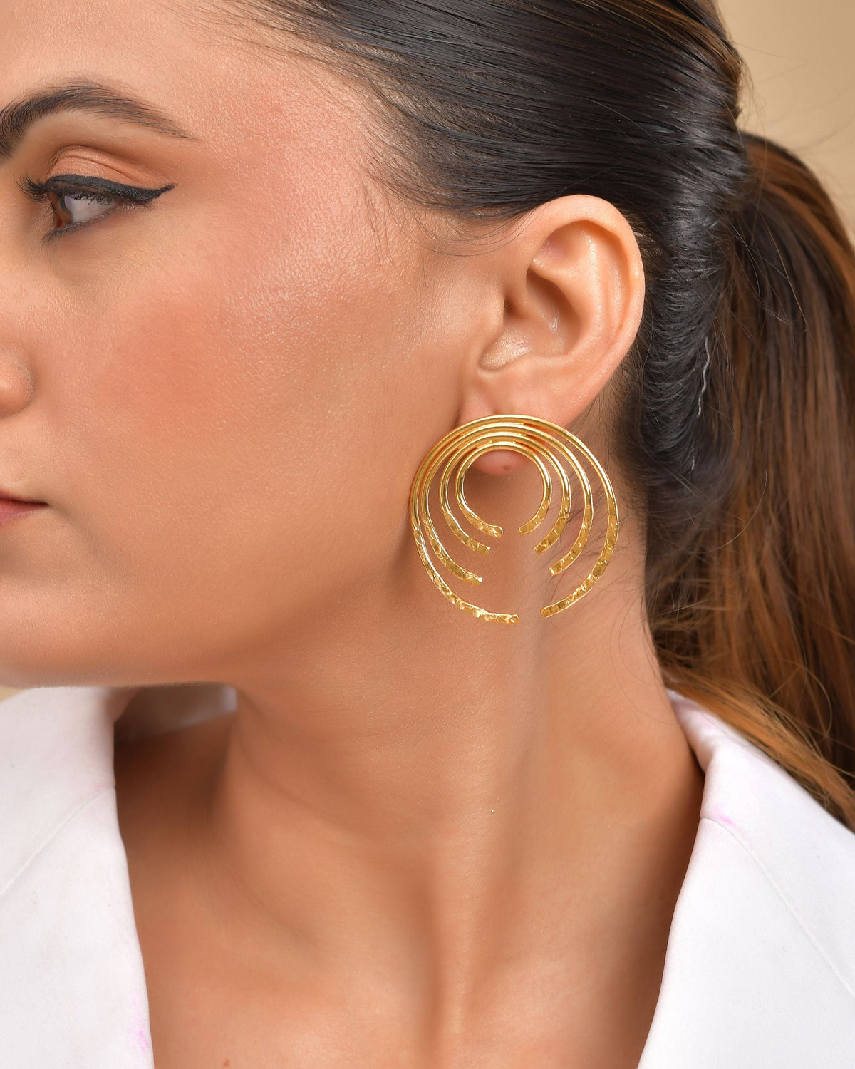 VOJ Gold Polished Anti Tarnished Semi Circle Studs Earrings | Grocsy