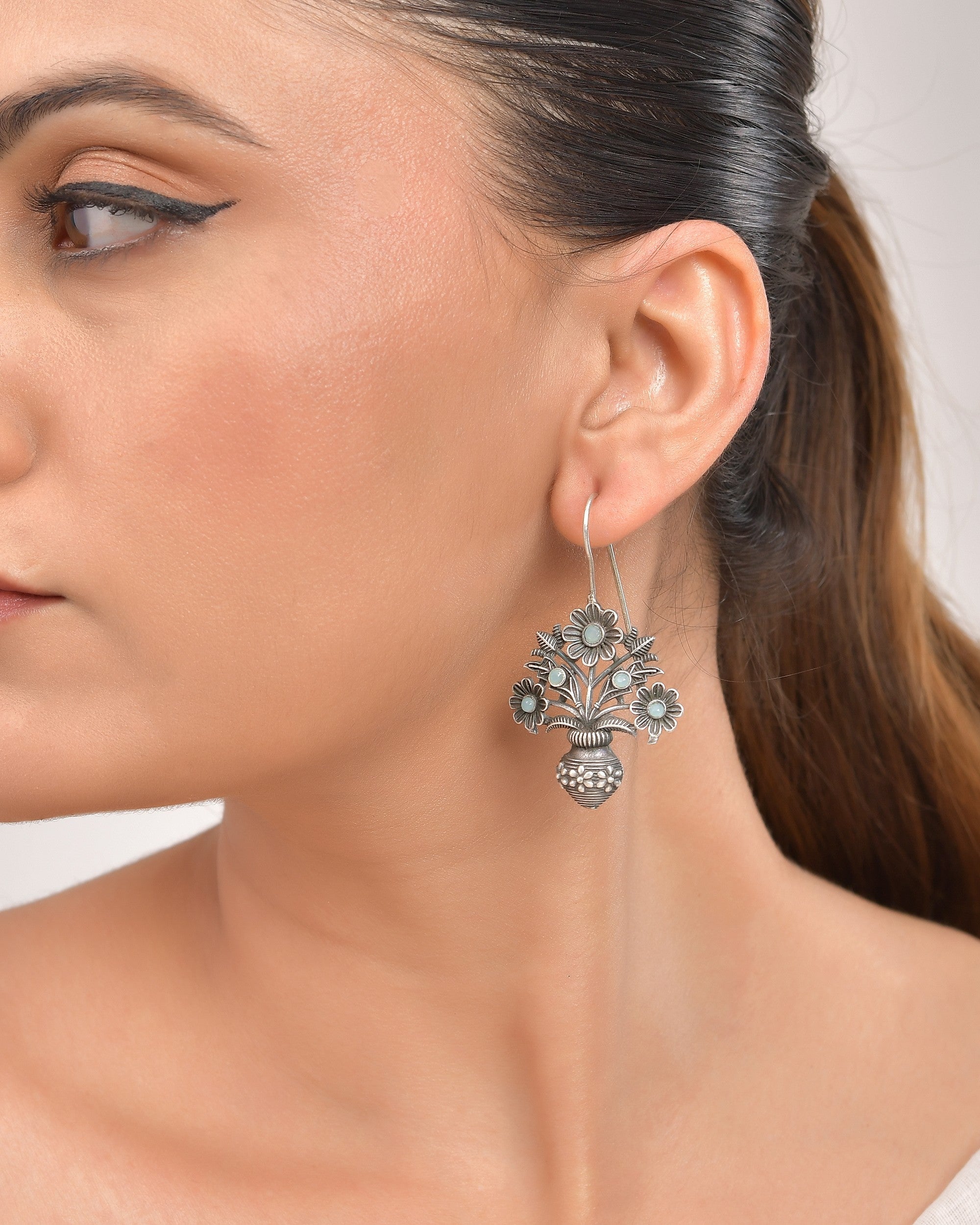 VOJ Silver Plated Floral Shaped Oxidized Drop Earrings | Grocsy