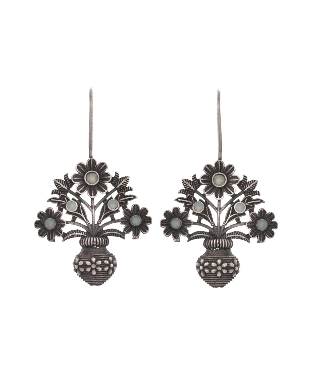 VOJ Silver Plated Floral Shaped Oxidized Drop Earrings | Grocsy