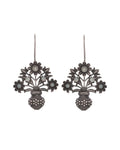 VOJ Silver Plated Floral Shaped Oxidized Drop Earrings | Grocsy