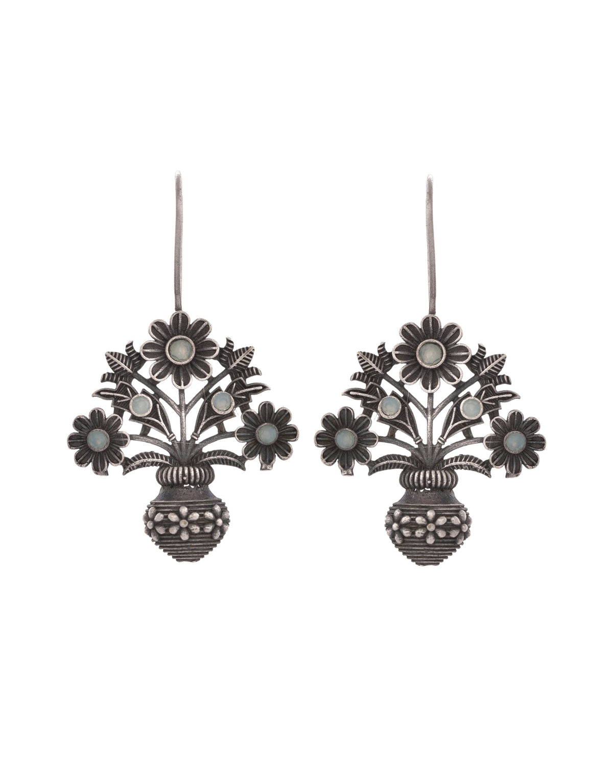 VOJ Silver Plated Floral Shaped Oxidized Drop Earrings | Grocsy