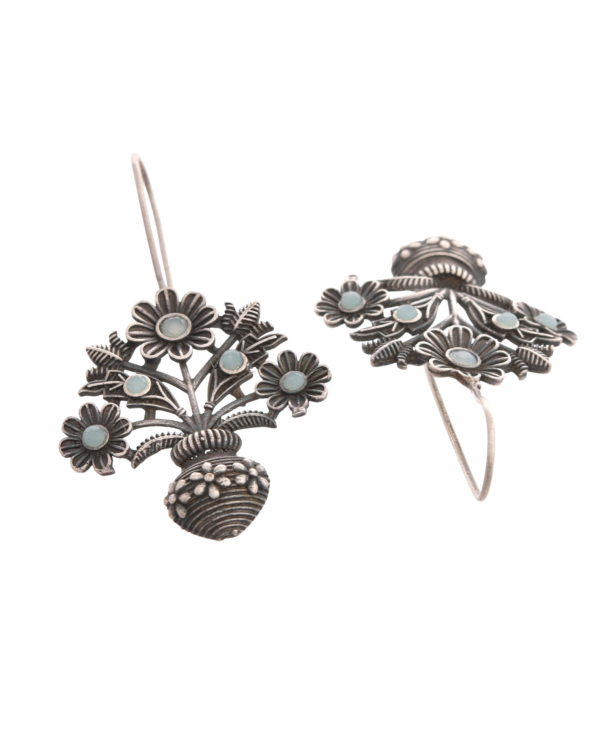 VOJ Silver Plated Floral Shaped Oxidized Drop Earrings | Grocsy