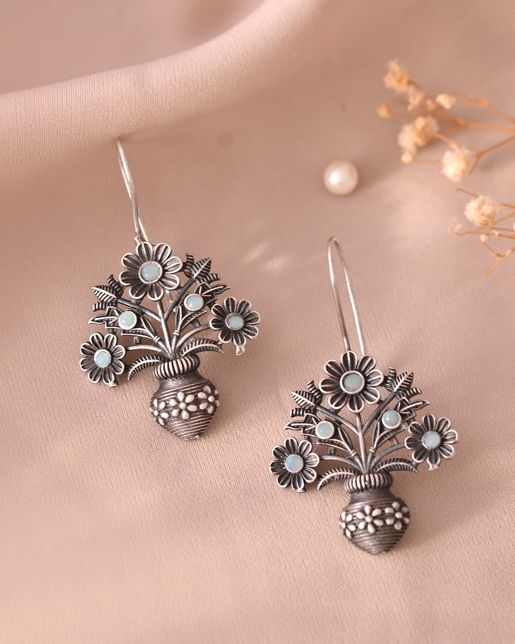 VOJ Silver Plated Floral Shaped Oxidized Drop Earrings | Grocsy