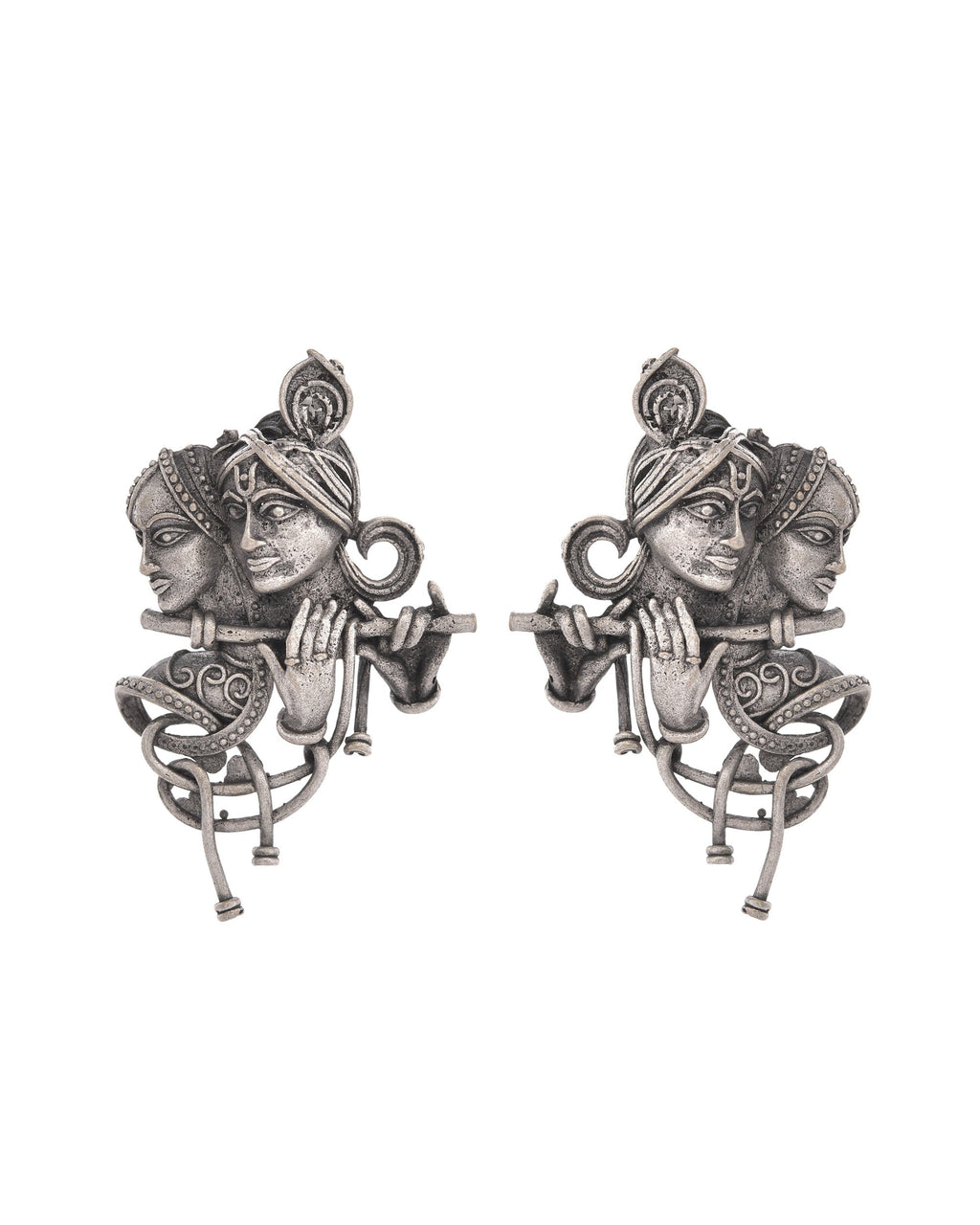 VOJ Silver Plated Oxidized Kanha Shaped Earrings | Grocsy