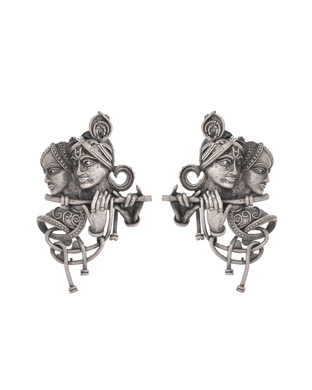 VOJ Silver Plated Oxidized Kanha Shaped Earrings | Grocsy