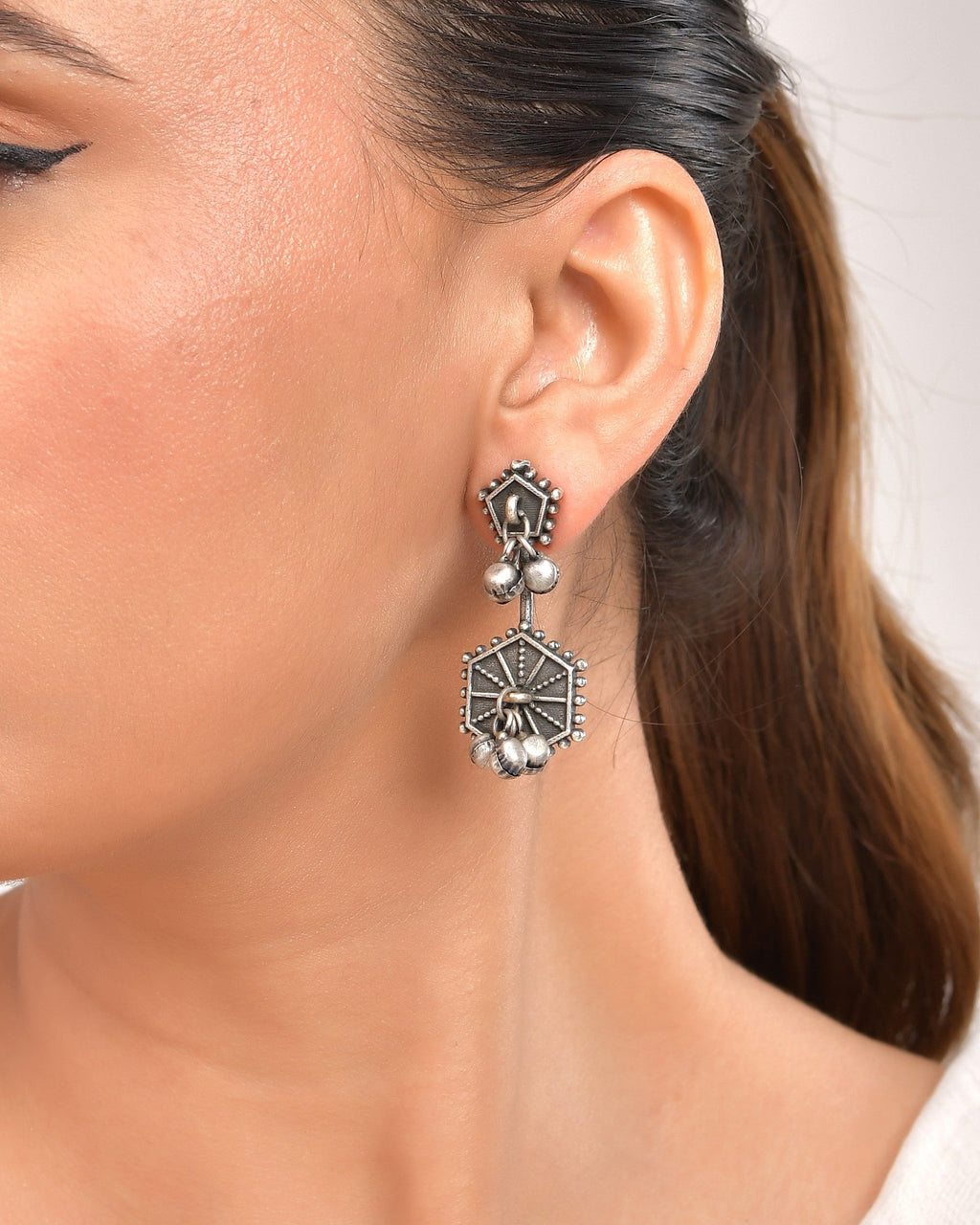 VOJ Silver Plated Oxidized Geometrical Shaped Studs Earrings | Grocsy