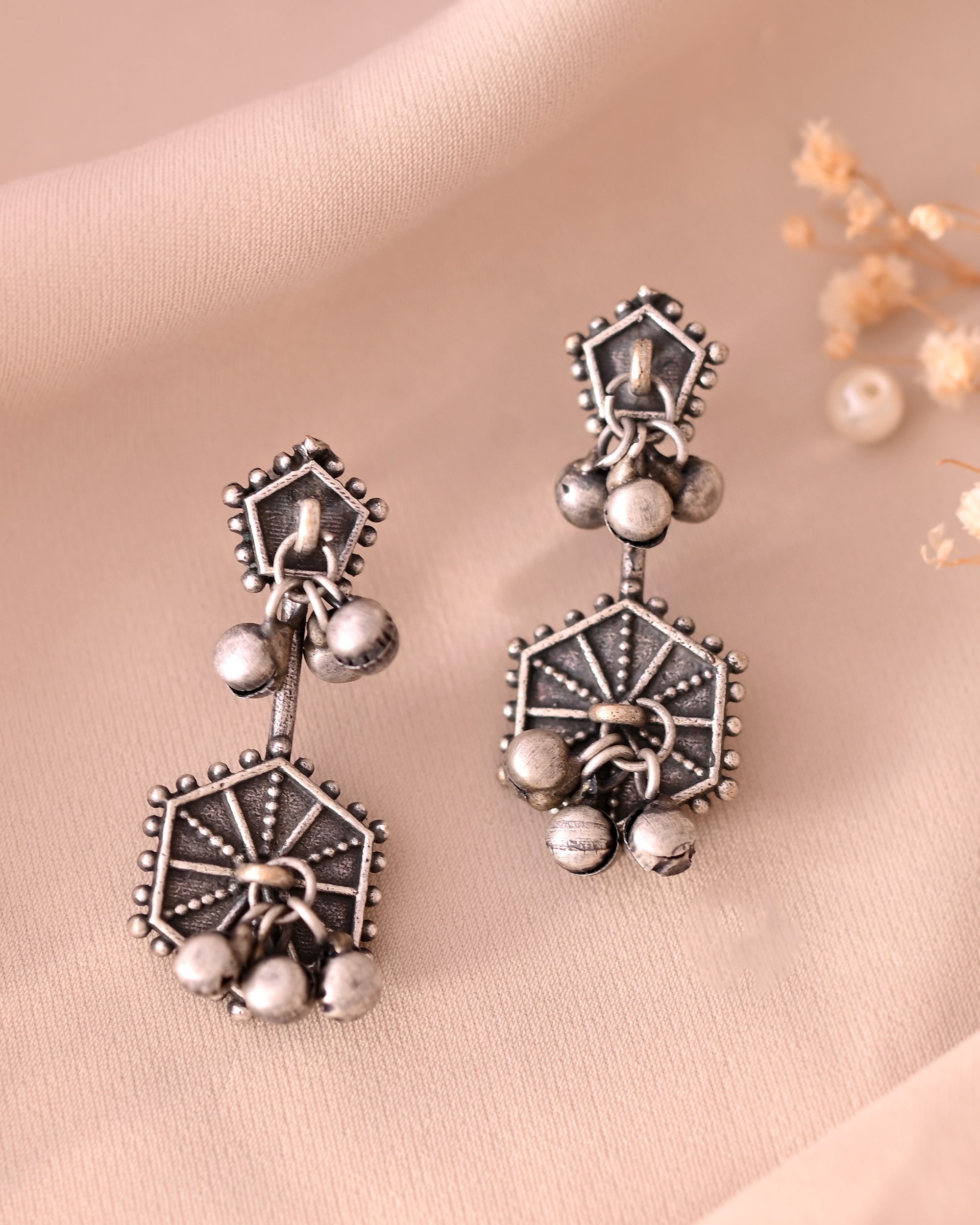 VOJ Silver Plated Oxidized Geometrical Shaped Studs Earrings | Grocsy