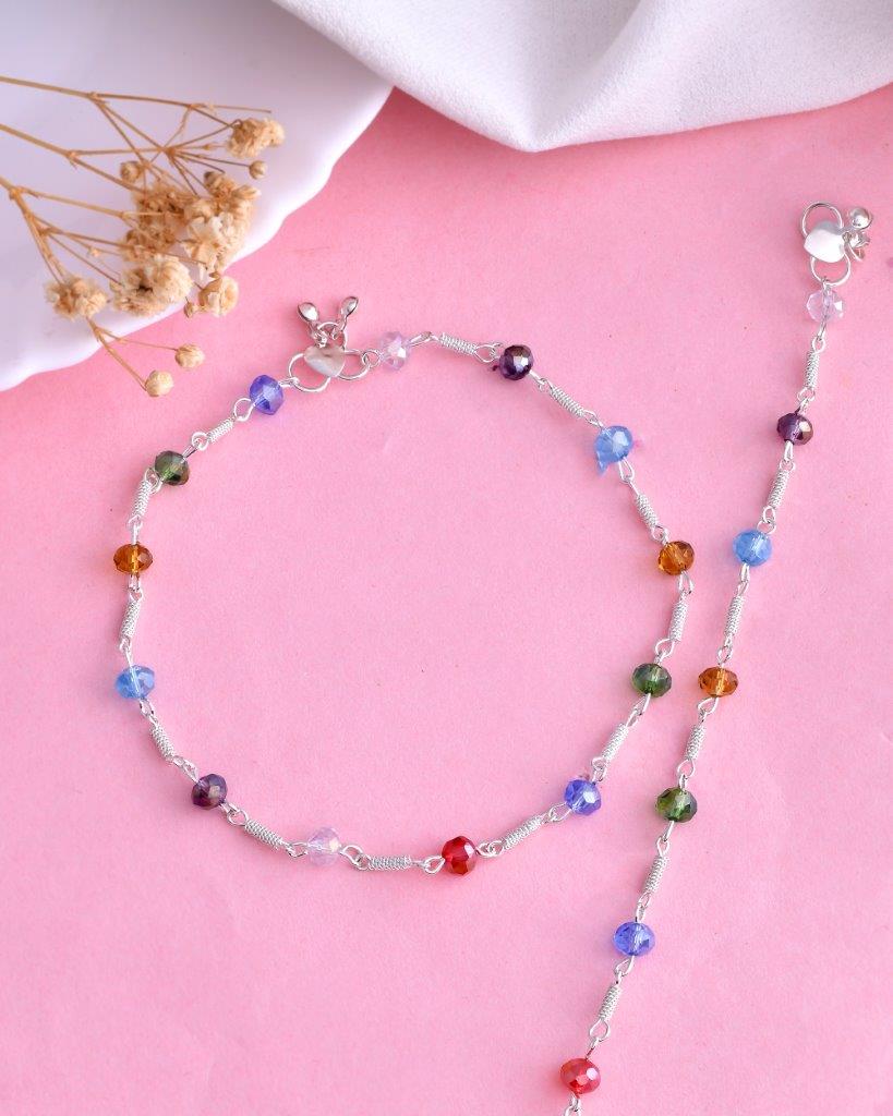 VOJ Set of 2 Silver Plated Multicolor Beads Anklets | Grocsy