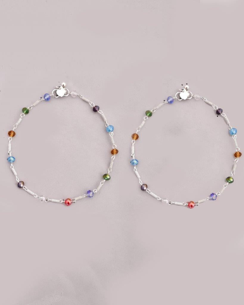VOJ Set of 2 Silver Plated Multicolor Beads Anklets | Grocsy